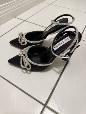 Steve Madden Black Satin Pointed Slingback Heels with Crystal Embellishment